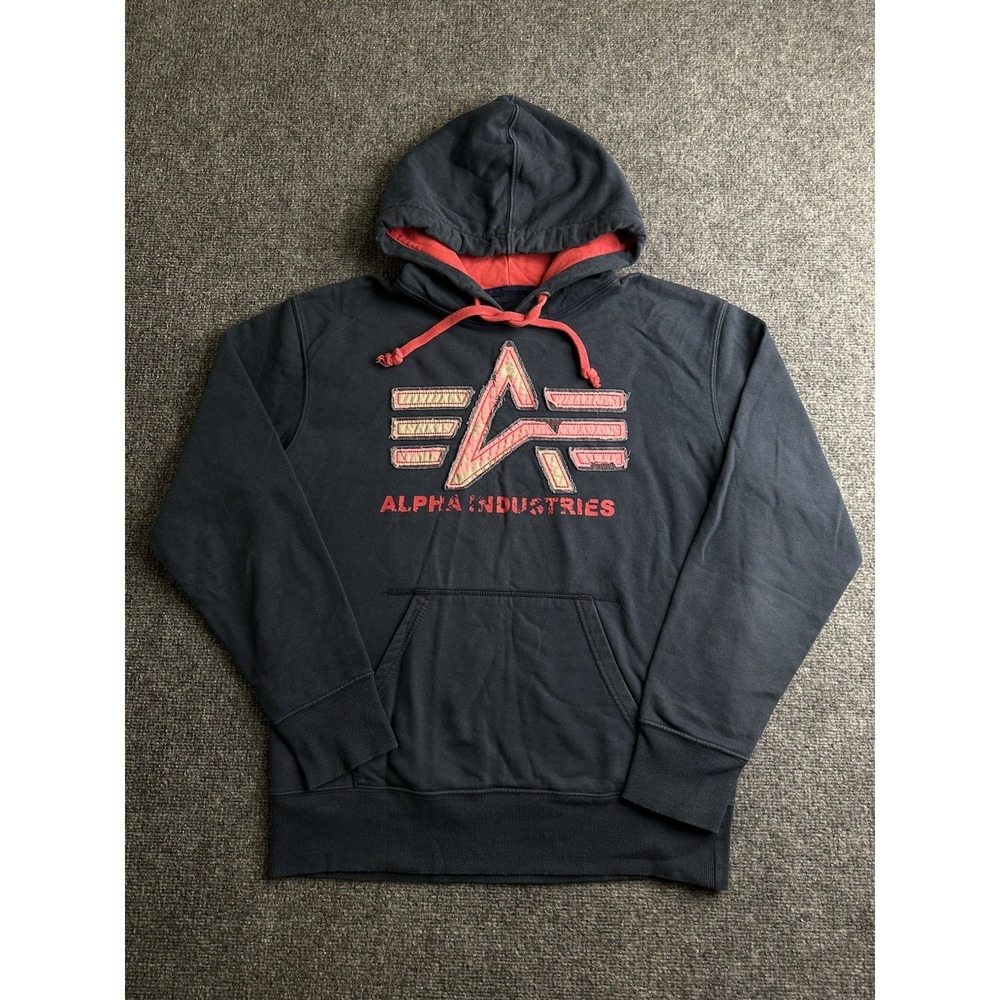 Mens Hoodie Alpha Industries Applique Logo Pullover Black, Size XL